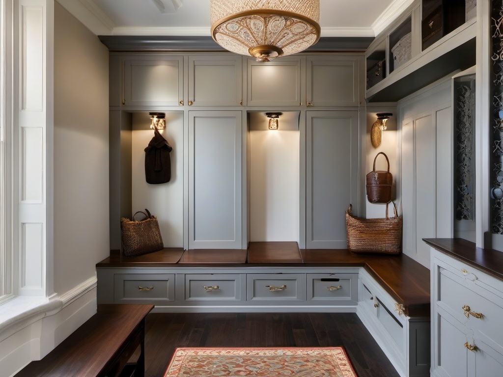 A mudroom designed with Italian Renaissance interior design includes ornate storage solutions, classic patterns, and elegant accents that combine functionality with historical charm.  