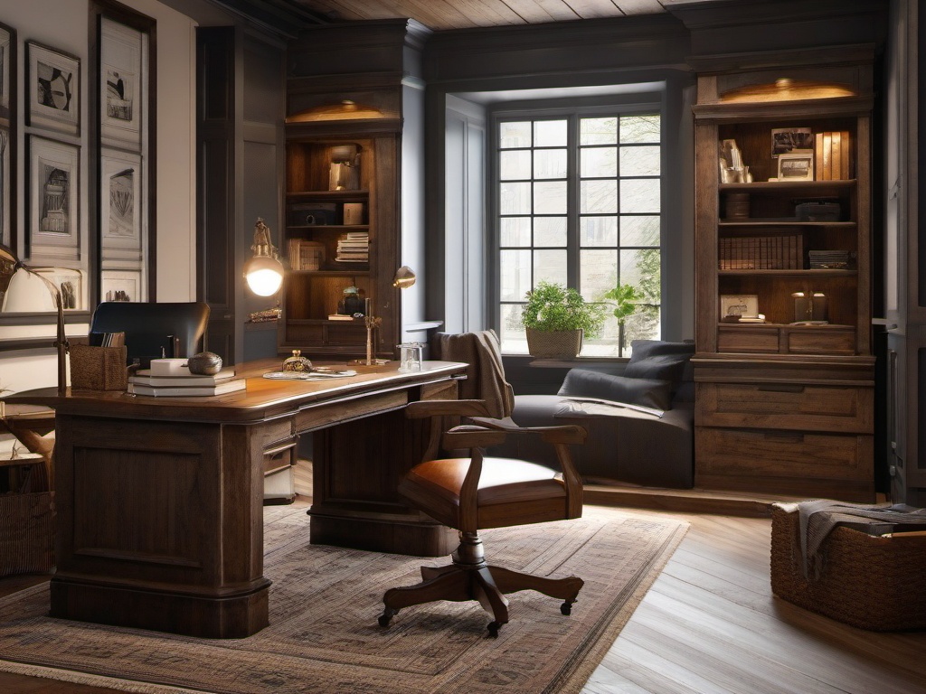 Rustic home office highlights wooden furniture, a vintage desk, and cozy decor, evoking a charming and comfortable working environment.  