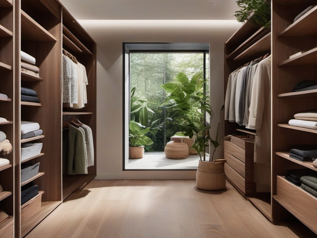 Biophilic interior design in the walk-in closet features wooden shelving, natural light, and greenery, creating a refreshing and organized space for personal items.  