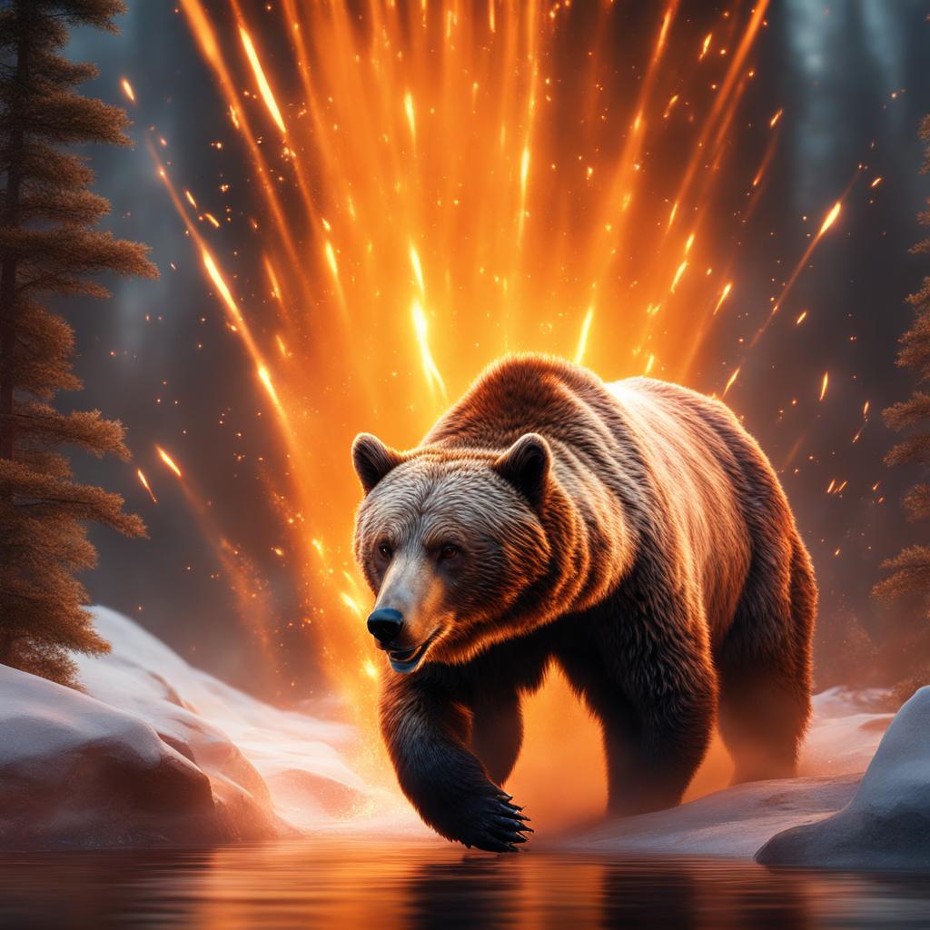 Stalking bear with sharp claws explosions around, 8k resolution, fantasy concept art, dynamic lighting, hyper and intricately detailed, deep liquid effects color, Unreal engine, volumetric lighting, orange and white complementary colours