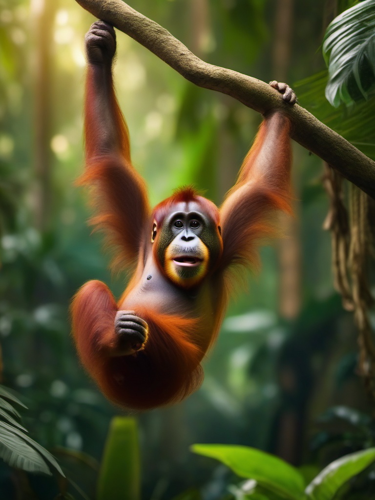 Cute Orangutan Swinging in a Jungle Canopy 8k, cinematic, vivid colors