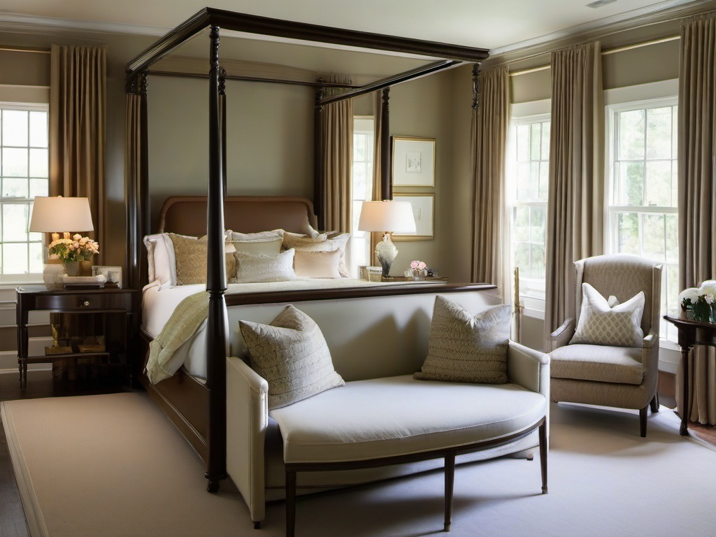 Traditional bedroom showcases a classic four-poster bed, upholstered furniture, and elegant drapery for a timeless and sophisticated look.  