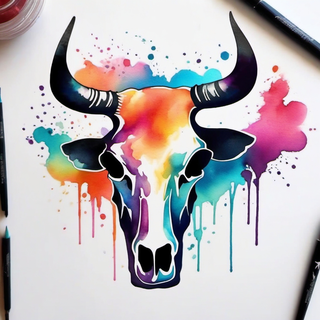 Watercolor steer skull tattoo: Playful hues, a burst of vibrant life.  simple color tattoo style