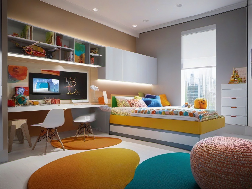 In the kids' room, High Tech interior design showcases modern colors, interactive decor, and tech-integrated furniture that encourage creativity and imaginative play in a contemporary setting.  