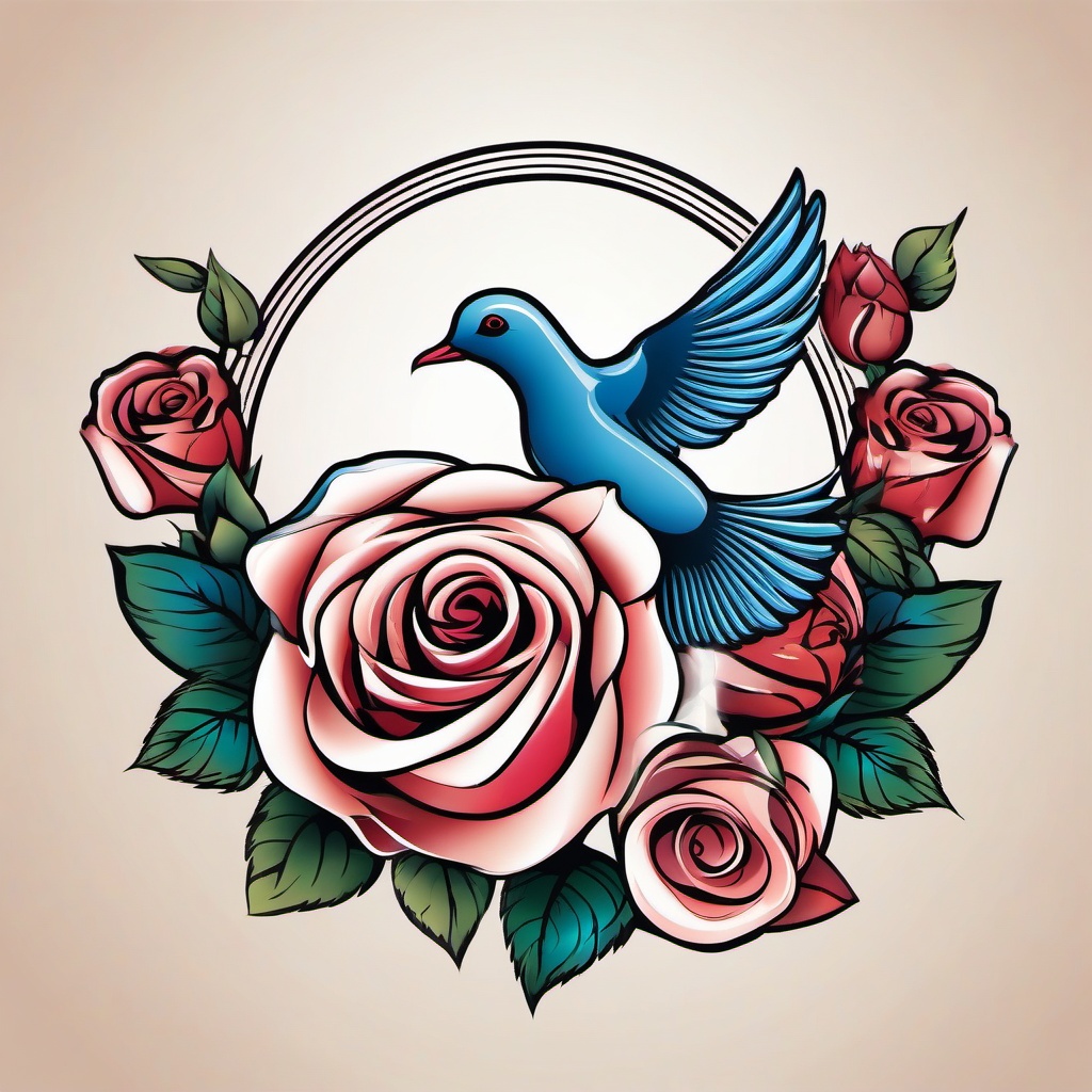 Rose with Dove Tattoo-Beautiful and symbolic tattoo featuring a rose and a dove, capturing themes of love and freedom.  simple color vector tattoo