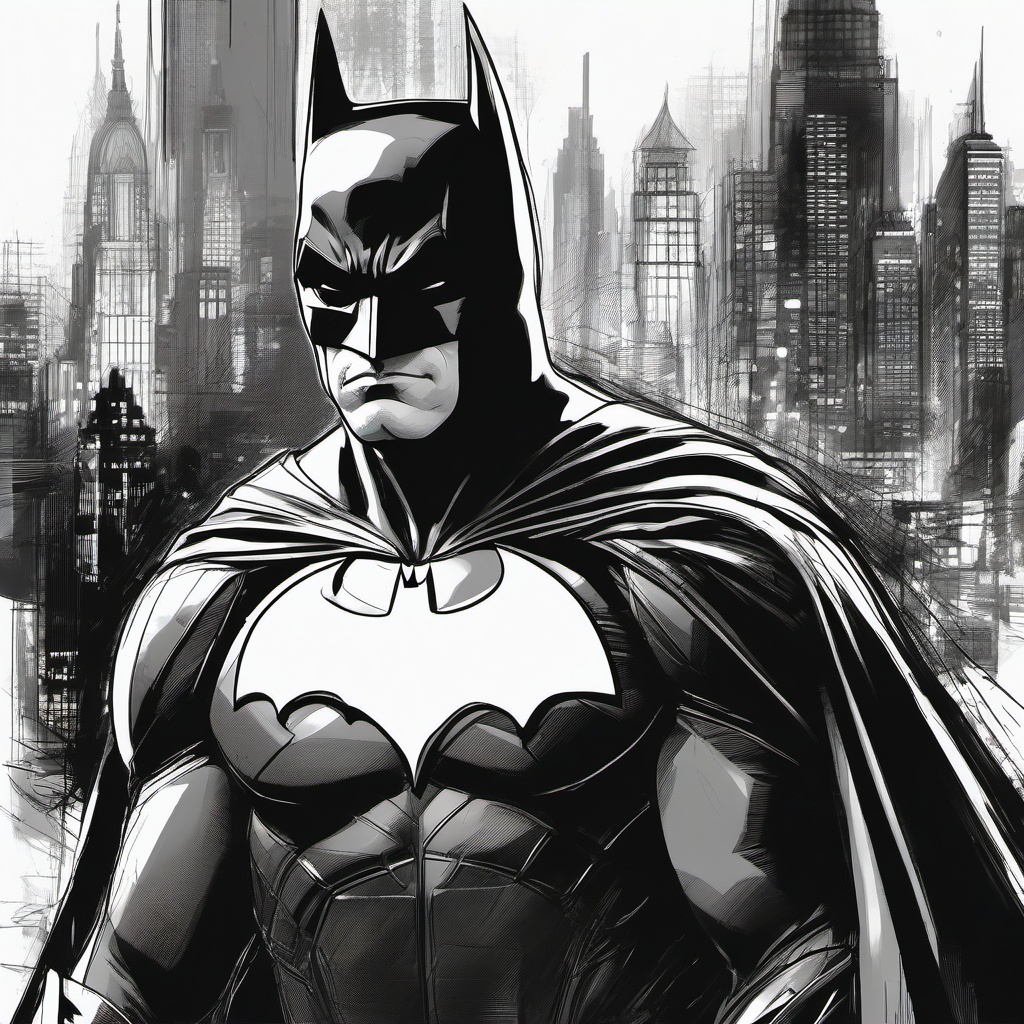 drawing of Batman in a dramatic Gotham City scene  minimal rough sketch scribbles,doodles,black and white