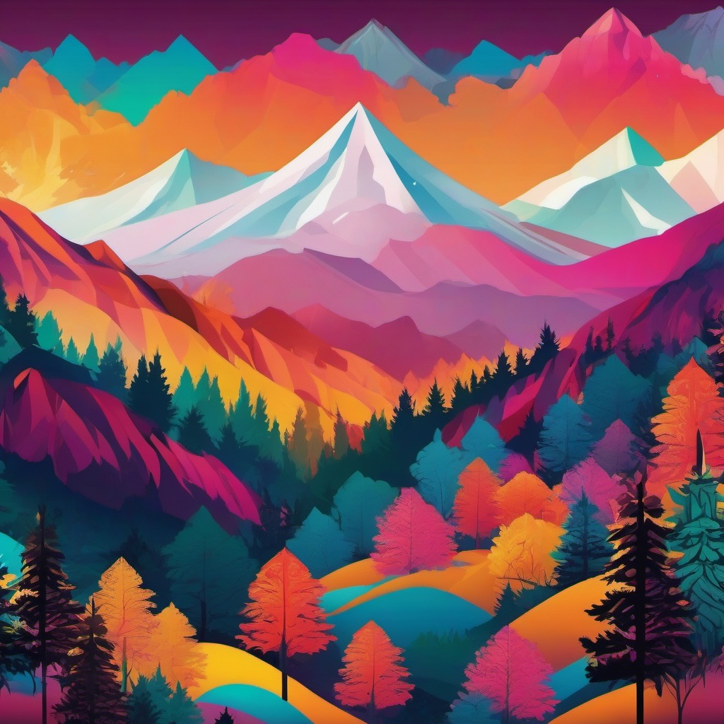 Desktop Wallpaper - Mountain Range and Forest Landscape wallpaper splash art, vibrant colors, intricate patterns