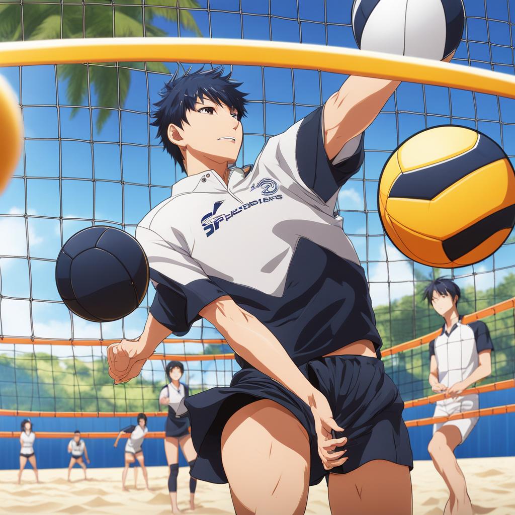 shoyo hinata practices his powerful serves on a sunny beach volleyball court. 