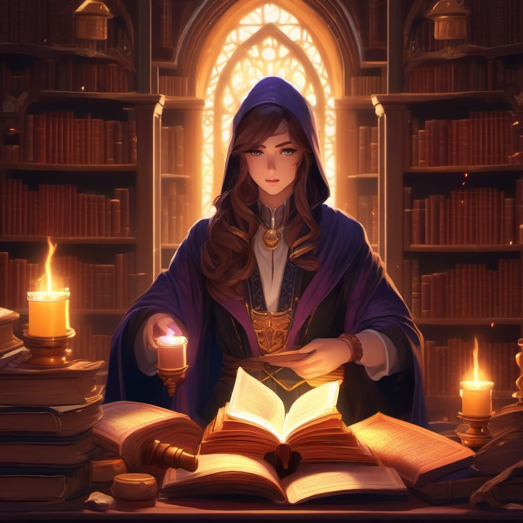 Mysterious mage, surrounded by ancient tomes and mystical artifacts, casting a powerful spell in a hidden arcane library.  front facing ,centered portrait shot, cute anime color style, pfp, full face visible