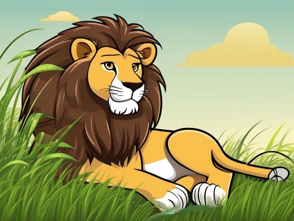 Lion Cartoon - Cartoon of lion lounging in the grass  