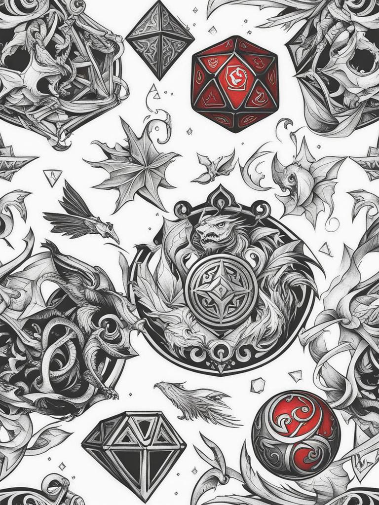 Dungeons and Dragons tattoo, Tattoos inspired by the popular tabletop role-playing game, Dungeons and Dragons.  color, tattoo style pattern, clean white background