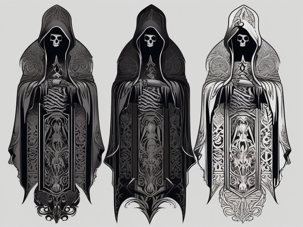 Grim Reaper Tattoo Patterns-Eerie and symbolic tattoo featuring the Grim Reaper, representing death and the afterlife with intricate patterns.  simple color vector tattoo