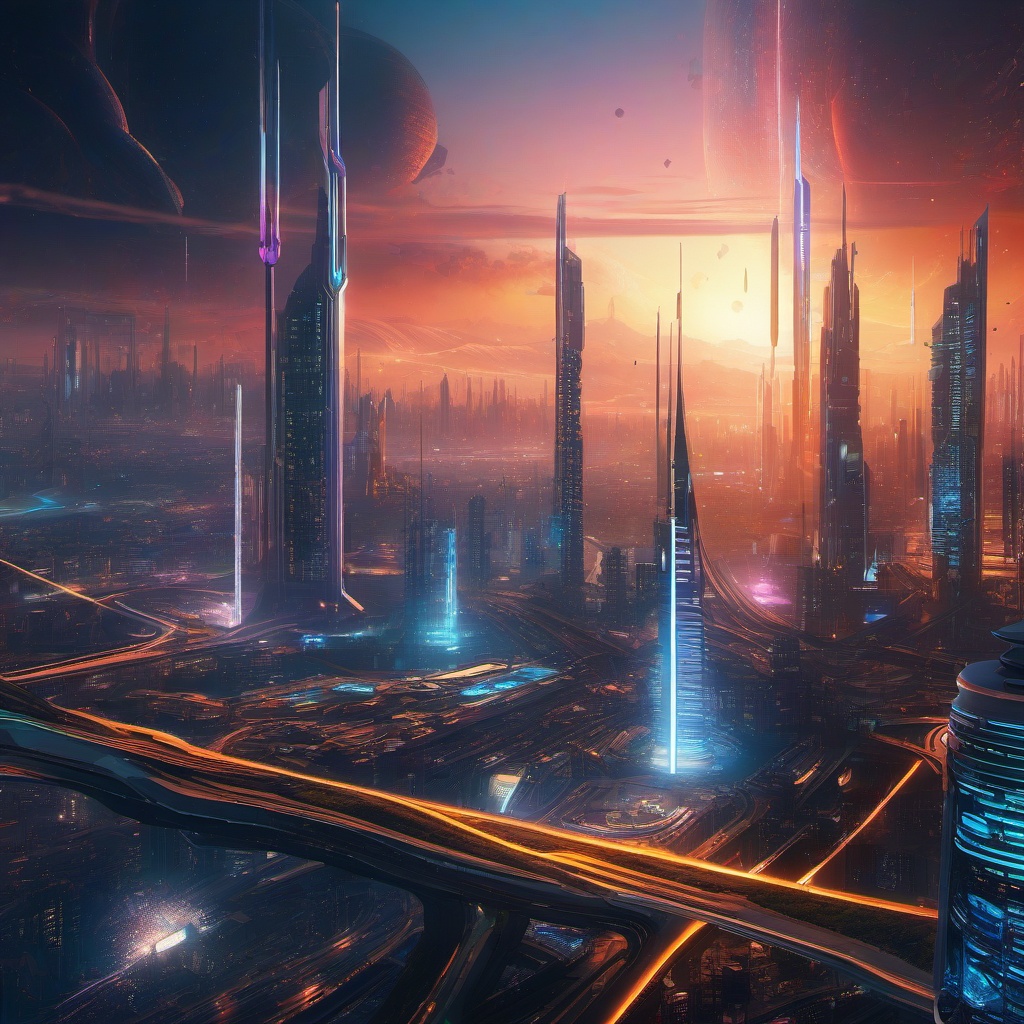 Computer Wallpaper 4K - Futuristic Sci-Fi Cityscape  intricate patterns, splash art, wallpaper art