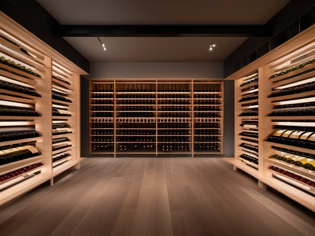 In the wine cellar, Japandi interior design features simple wooden racks, a clean aesthetic, and natural finishes that create an elegant space for wine enthusiasts to enjoy.  