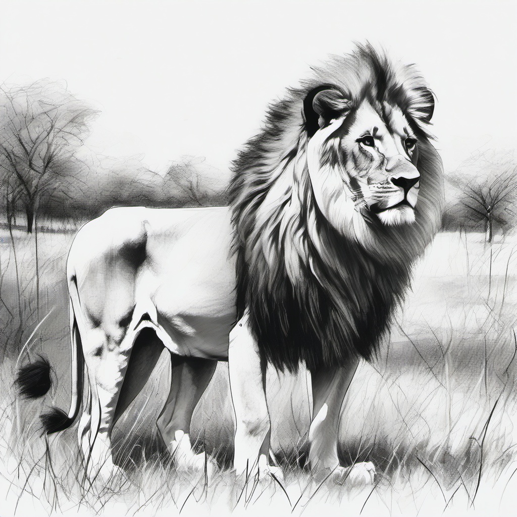 drawing of a lion in park  minimal rough sketch scribbles,doodles,black and white