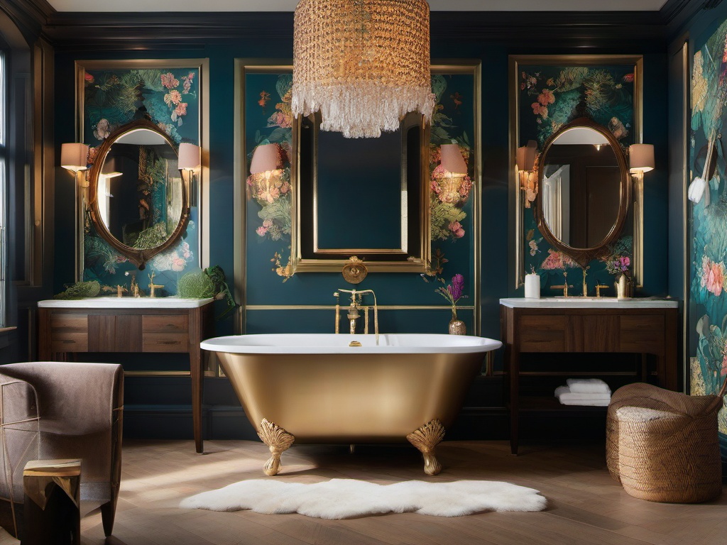 A bathroom with maximalist interior design features bold wallpaper, unique fixtures, and an abundance of decorative elements that turn the space into a whimsical retreat.  