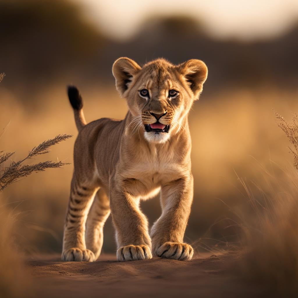 lion cub practicing its mighty roar on the african savanna 8k ultrarealistic cinematic 