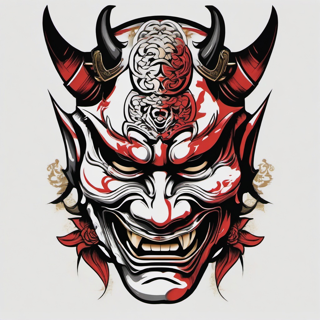 Hannya Mask Samurai Tattoo Design-Bold and artistic tattoo design featuring a Hannya mask with a samurai twist, capturing traditional and warrior aesthetics.  simple color tattoo,white background