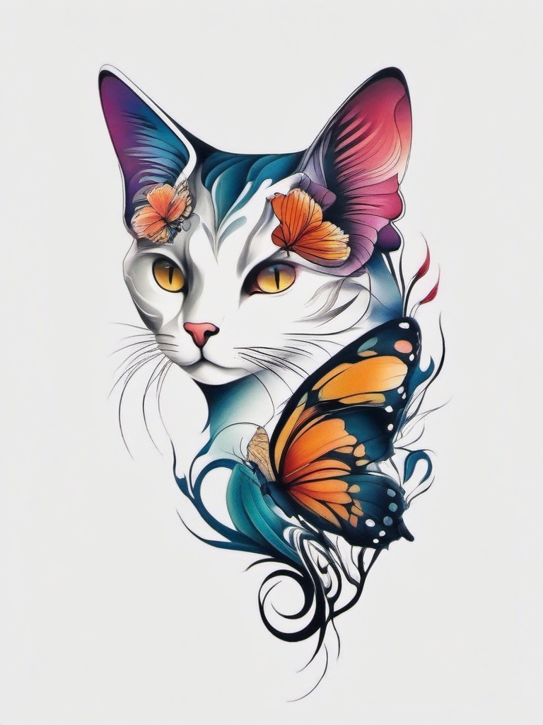 butterfly cat tattoo  simple color tattoo,white background,minimal