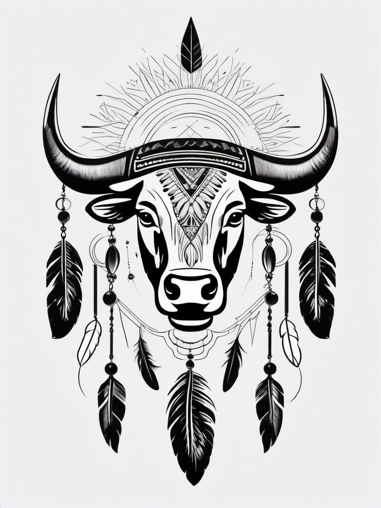 Bull with feathers tattoo. Native American symbolism in art.  minimalist black white tattoo style