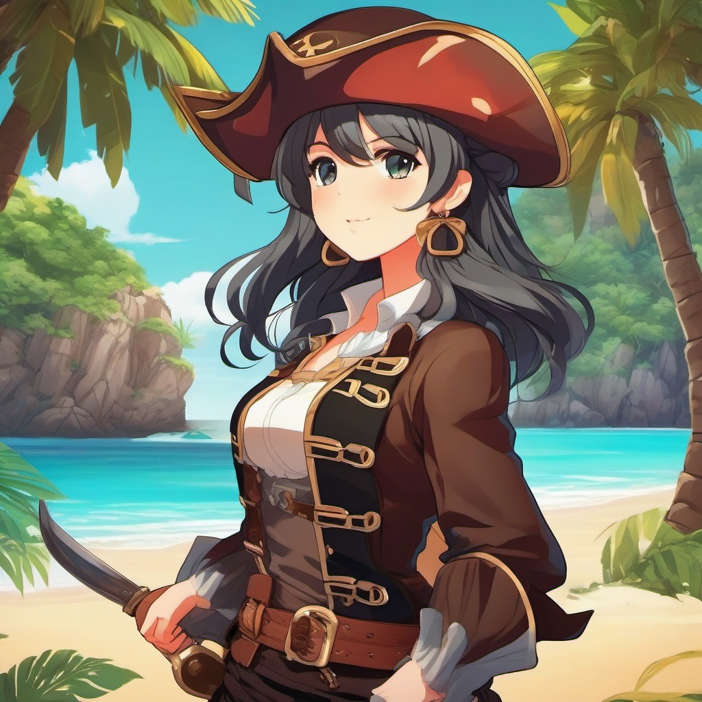 Bold anime pirate on a treasure hunt island.  front facing ,centered portrait shot, cute anime color style, pfp, full face visible