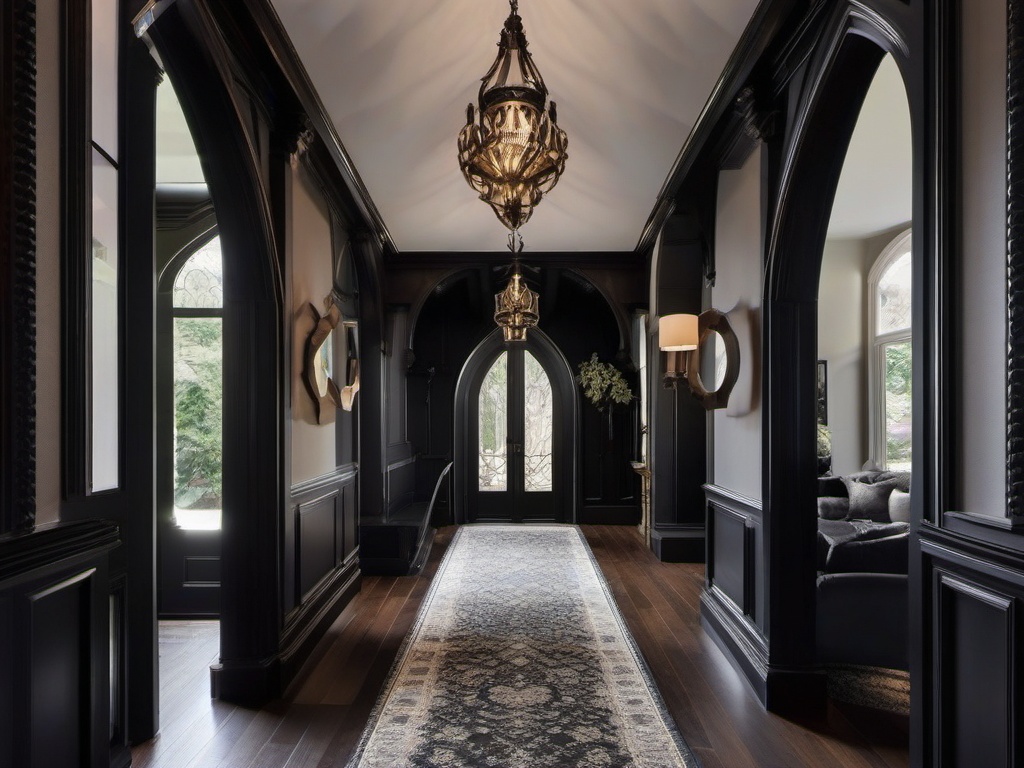 The hallway showcases Gothic interior design through pointed arches, dark wood paneling, and intricate wall decor, creating a visually striking passage throughout the home.  