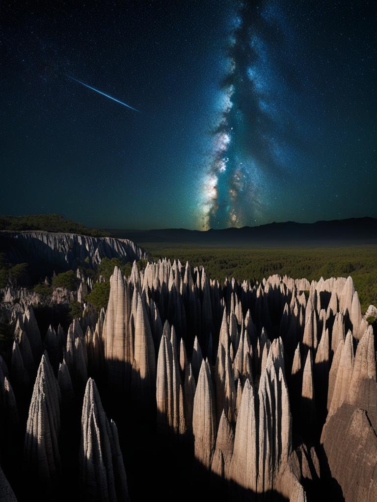 tsingy de bemaraha, madagascar - craft a dreamscape of the surreal limestone pinnacles of tsingy de bemaraha, illuminated by the milky way. 