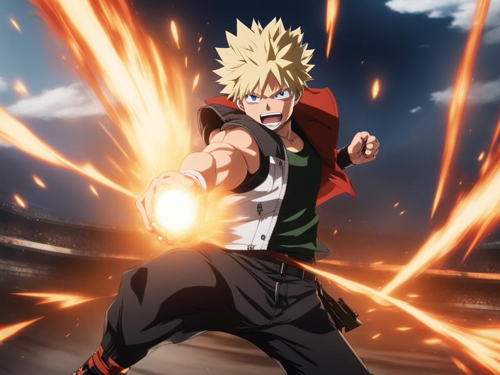 bakugou katsuki unleashes explosive quirk in a fierce battle. 