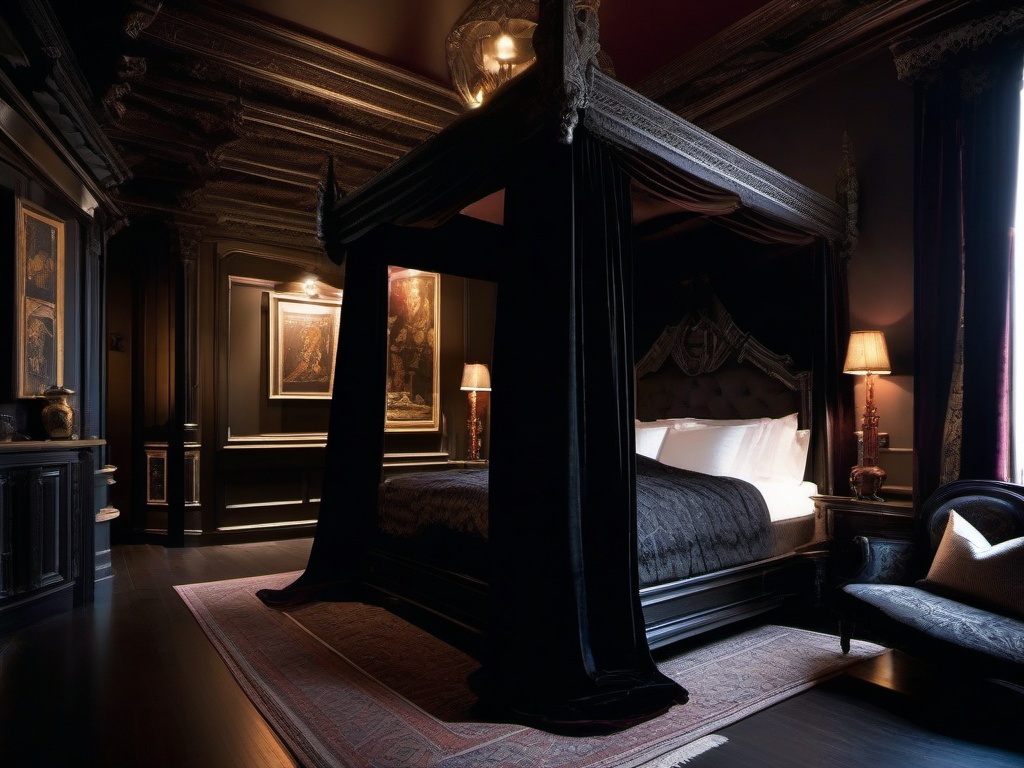 In the bedroom, Gothic interior design showcases a four-poster bed with rich velvet drapes, dark-toned furniture, and intricate patterns that transport you to a medieval fantasy.  