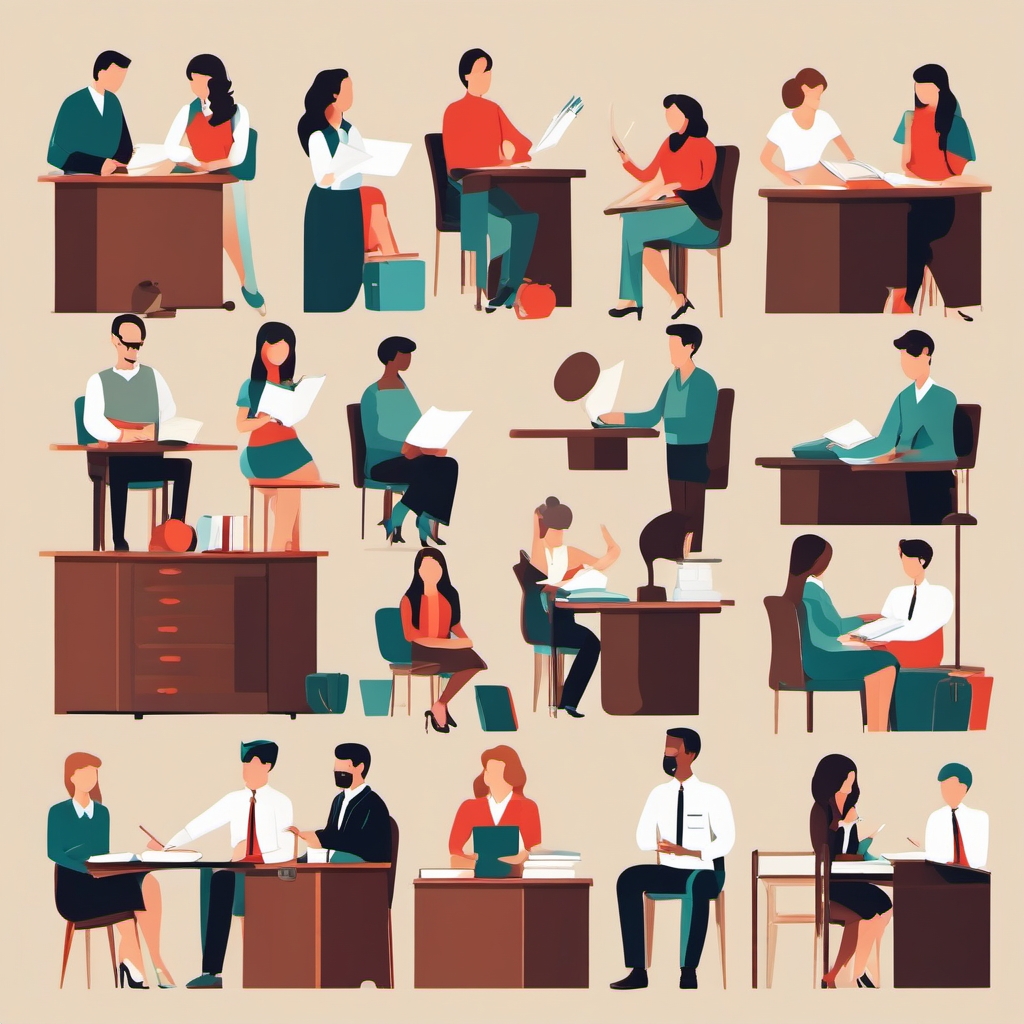 A collection of visuals depicting teachers in various teaching scenarios.  color vector art,clipart,minimal