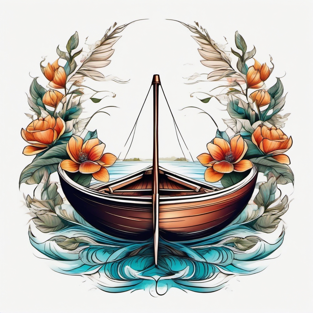 Rowboat with floral oars tattoo. Blooming journey on water.  color tattoo, white background