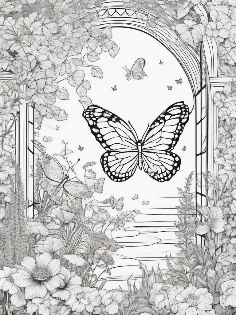 Butterfly in a Fairy Garden Coloring Pages - Enchanted Scene with Fairies and Butterflies  minimal black outline printable sheet, coloring page