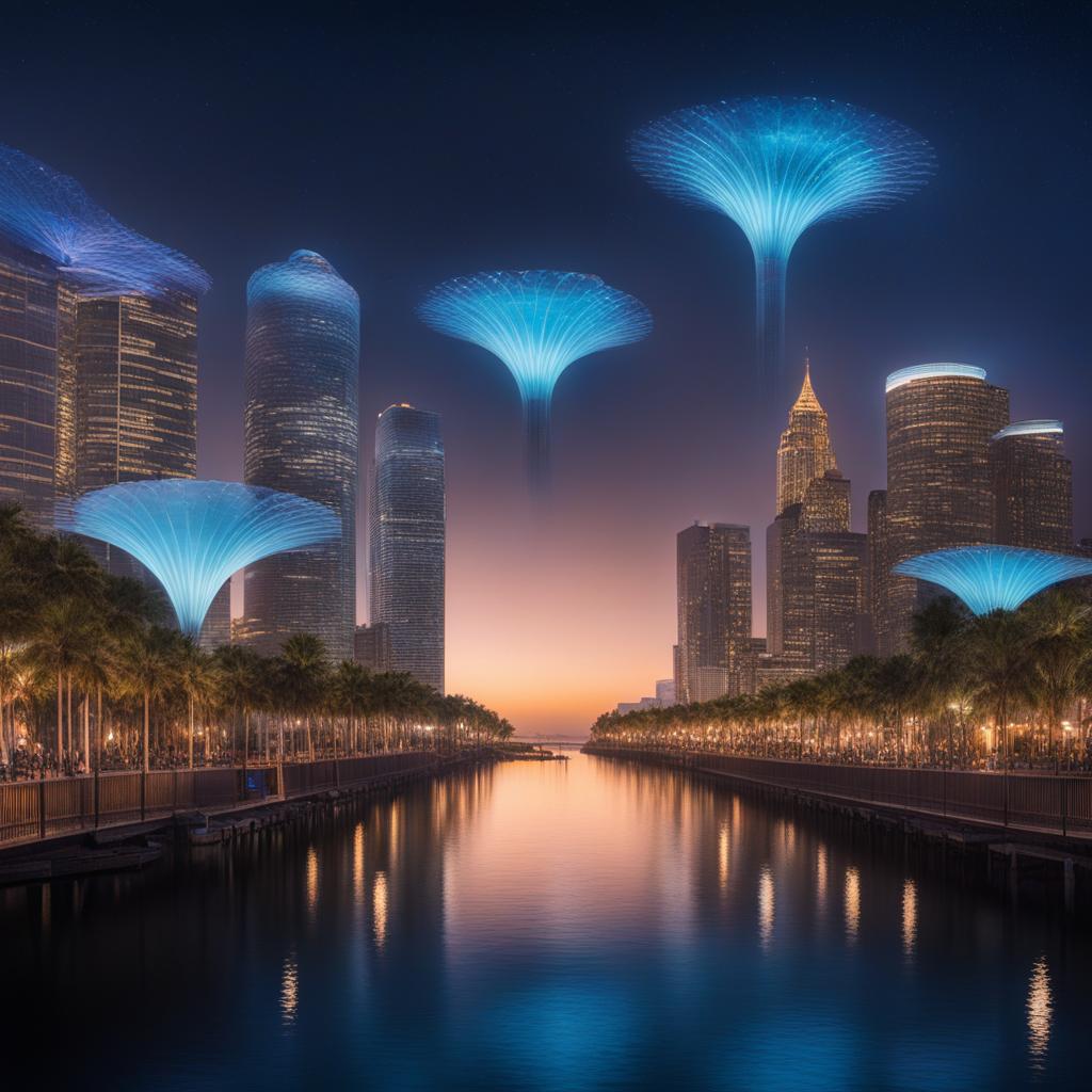 soar above the ocean to a city illuminated by bioluminescent creatures at floating city of lights. 