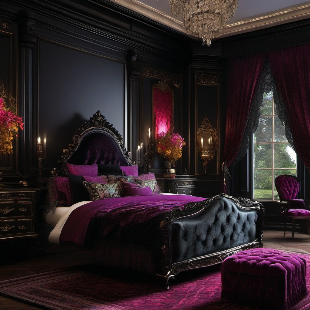 Gothic Victorian Opulent Retreat - Add a touch of gothic and Victorian opulence to your bedroom. , bedroom interior decor design ideas, multicoloured, photo realistic, hyper detail, high resolution,