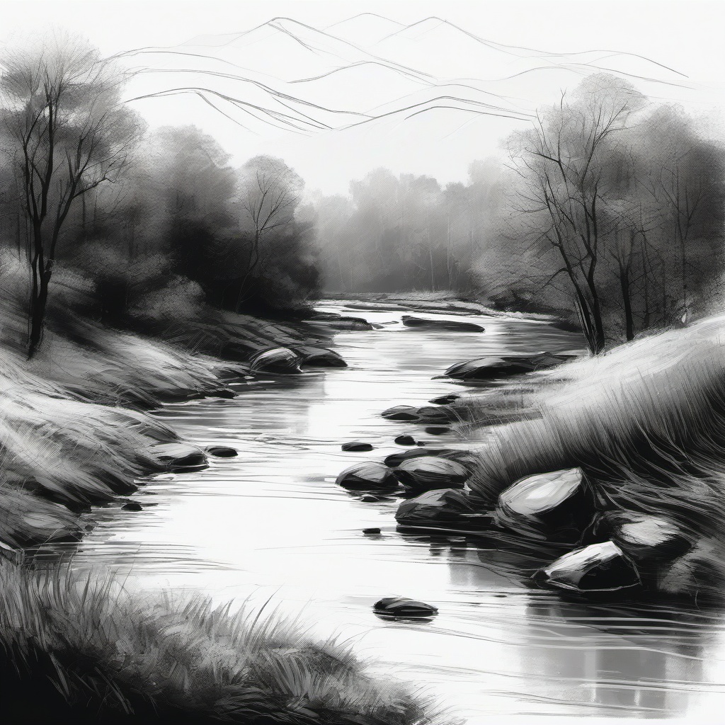 drawing of a river landscape  minimal rough sketch scribbles,doodles,black and white