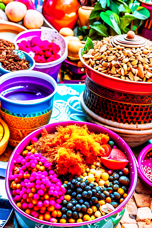 street food in marrakech, exploring the vibrant markets with dishes like tagine and couscous. 