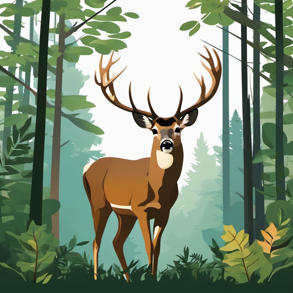 White-Tailed Deer Clip Art - White-tailed deer in a forest clearing,  color vector clipart, minimal style