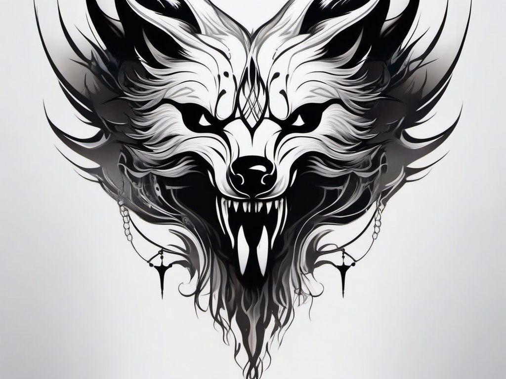 Wolf Skull Tattoo,haunting amalgamation of a wolf and a skull, eerie reflection of life and death. , tattoo design, white clean background