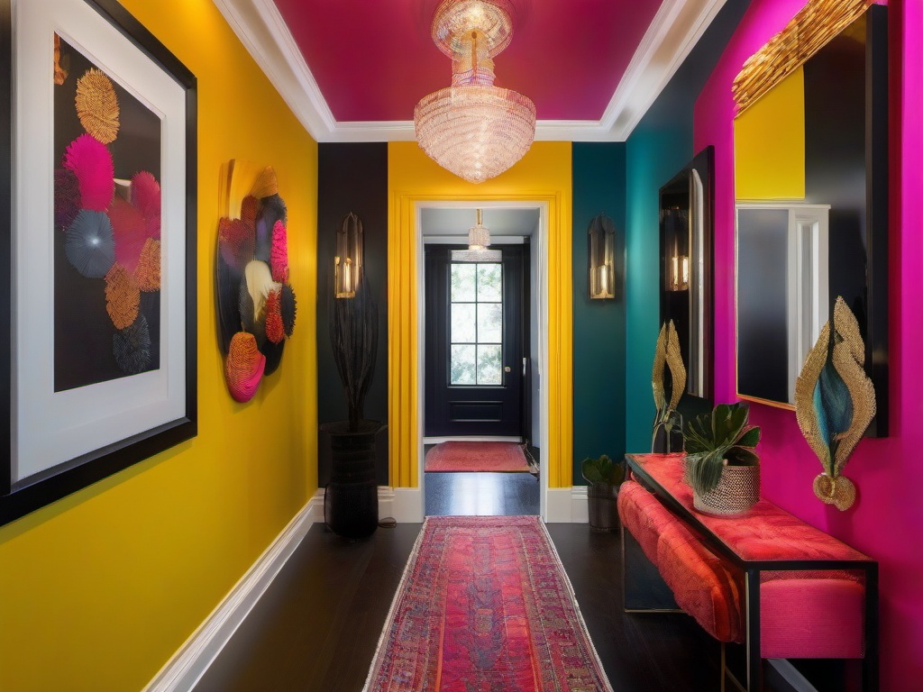 The hallway showcases maximalist interior design through bold colors, layered art, and an array of textures, creating a dynamic and visually interesting passage.  