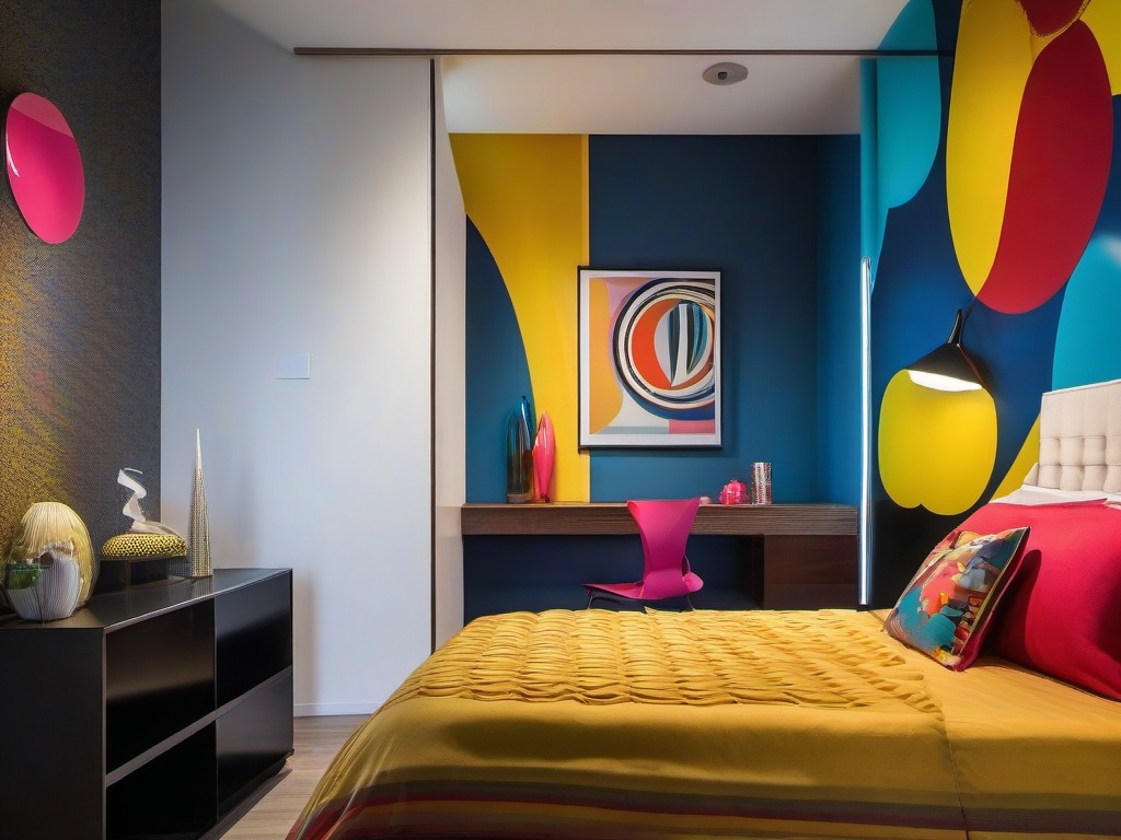 In the guest bedroom, Pop Art interior design offers a cozy atmosphere with vibrant colors, playful decor, and unique furnishings that ensure a memorable stay for visitors.  