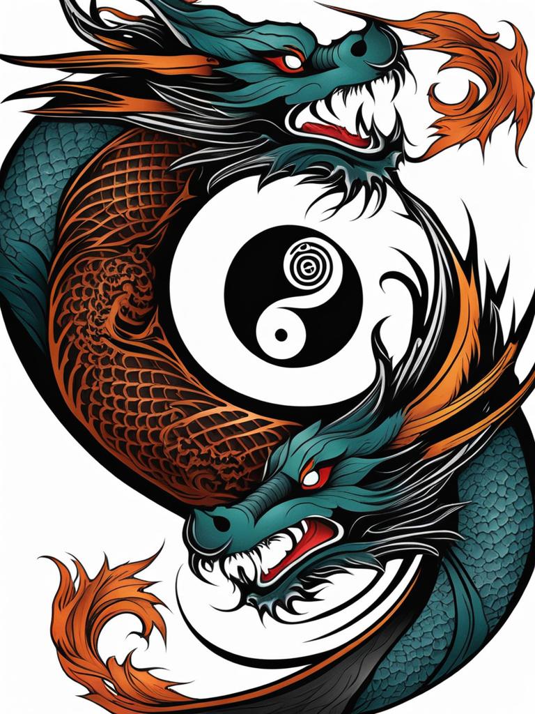 Yin yang dragon tattoo, Tattoos that blend the symbolism of yin and yang with dragon imagery.  color, tattoo style pattern, clean white background