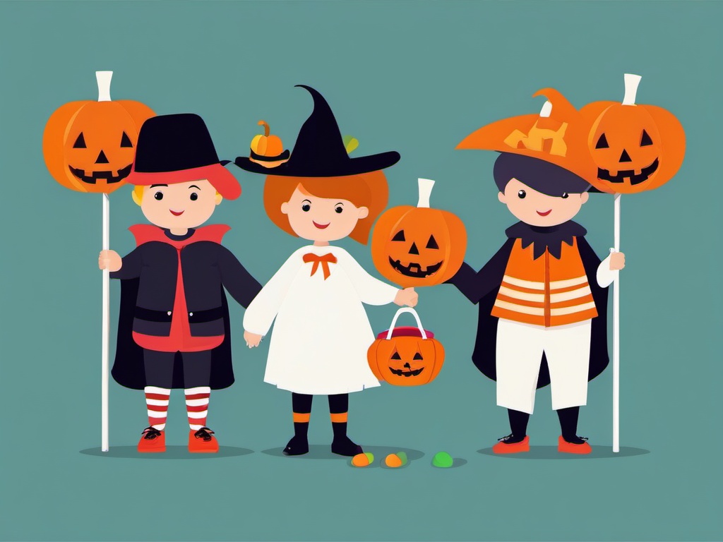 October clipart - trick-or-treaters in costumes with candy bags  color,minimalist,vector clipart