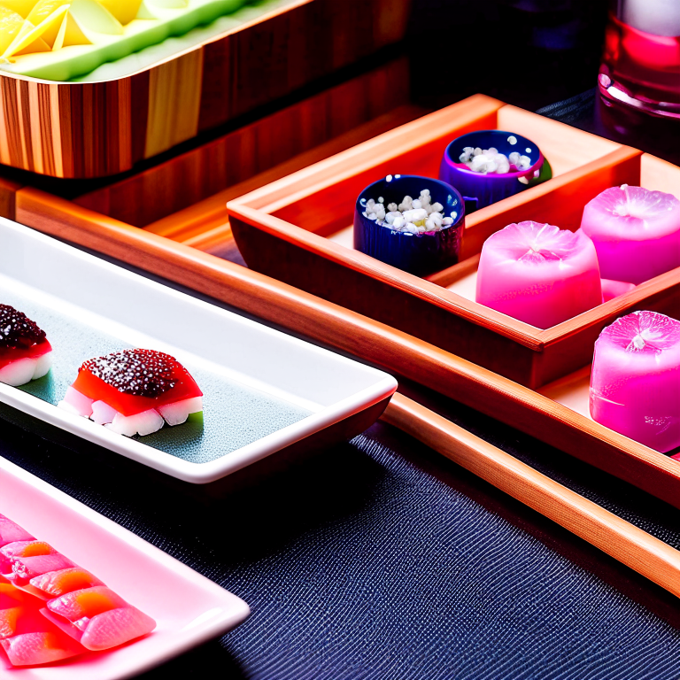 sushi restaurant, a sleek sushi bar with an array of beautifully crafted sushi rolls and sashimi. 