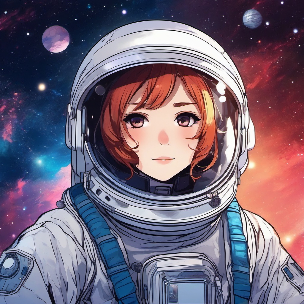 Brave anime astronaut in outer space.  front facing ,centered portrait shot, cute anime color style, pfp, full face visible