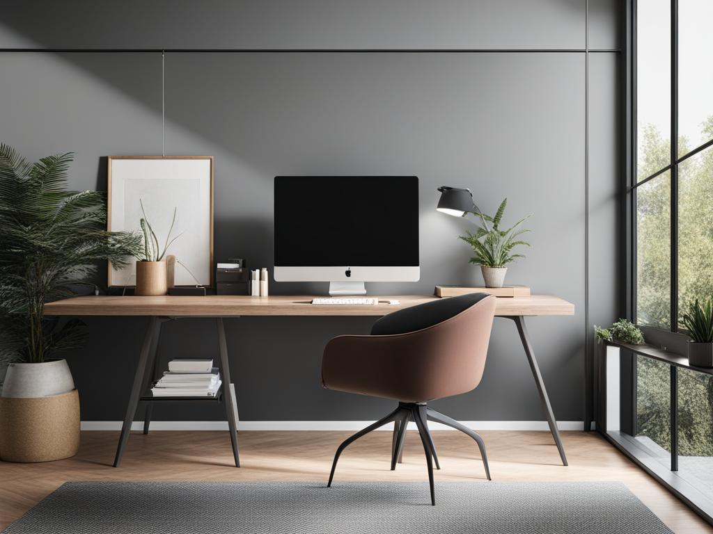 modern home office with a minimalist desk and ergonomic chair. 