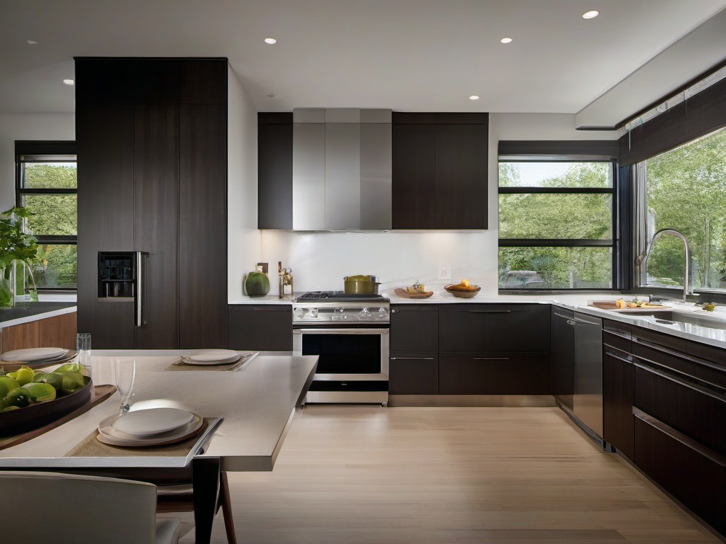 In the kitchen, Bauhaus interior design includes flat-front cabinetry, stainless steel appliances, and a practical layout that enhances the efficiency and aesthetics of cooking spaces.  