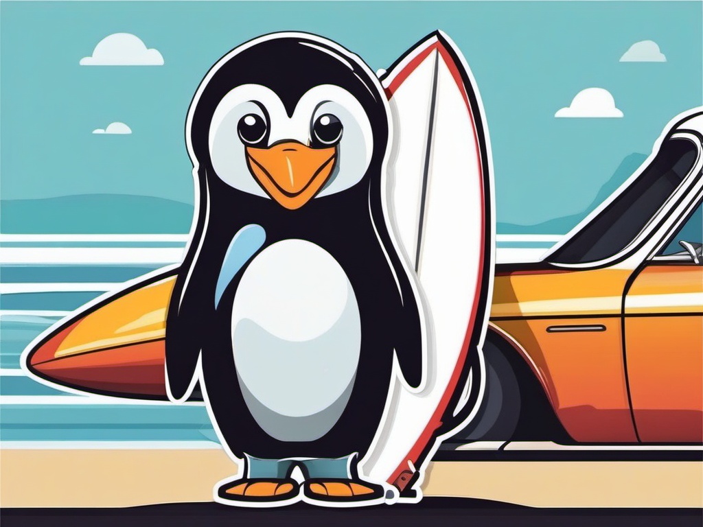 Penguin with Surfboard Sticker - A penguin ready to catch some waves. ,vector color sticker art,minimal