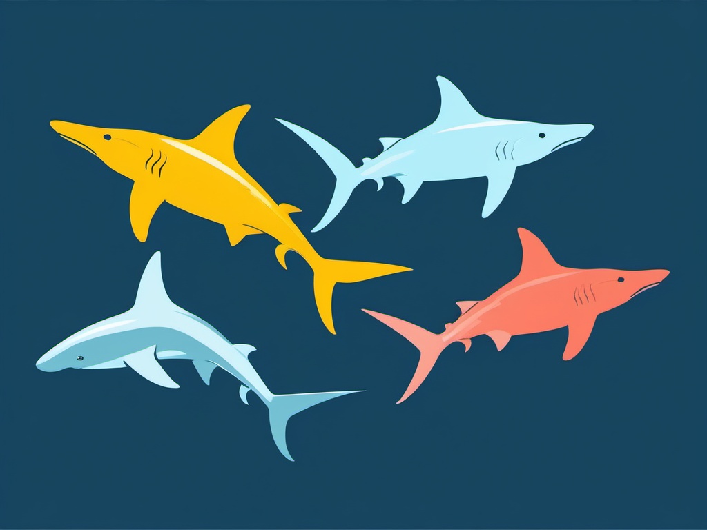 Group of Hammerhead Sharks Clip Art - A group of hammerhead sharks swimming together,  color vector clipart, minimal style