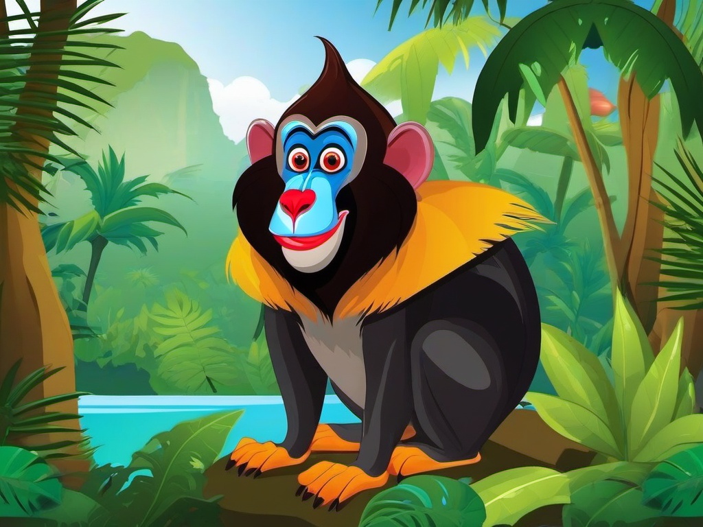 Mandrill Cartoon - Cartoon of mandrill in jungle scenery  