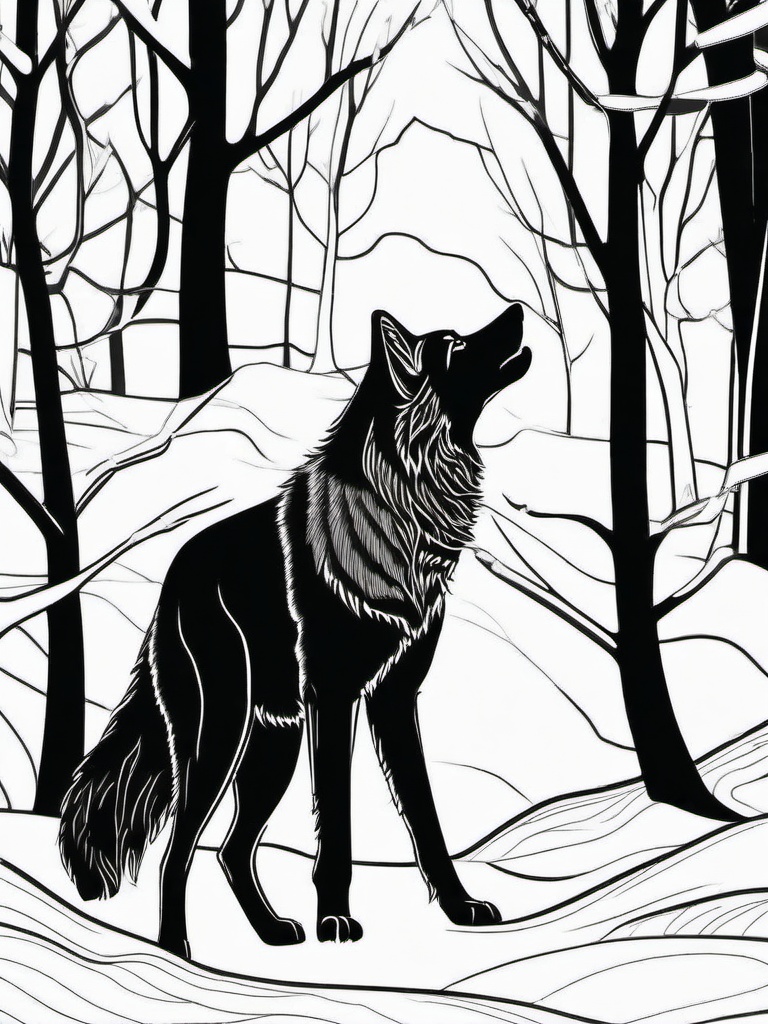 Wolf in Winter Scene Coloring Pages - Wolf Exploring a Winter Wonderland  minimal black outline printable sheet, coloring page